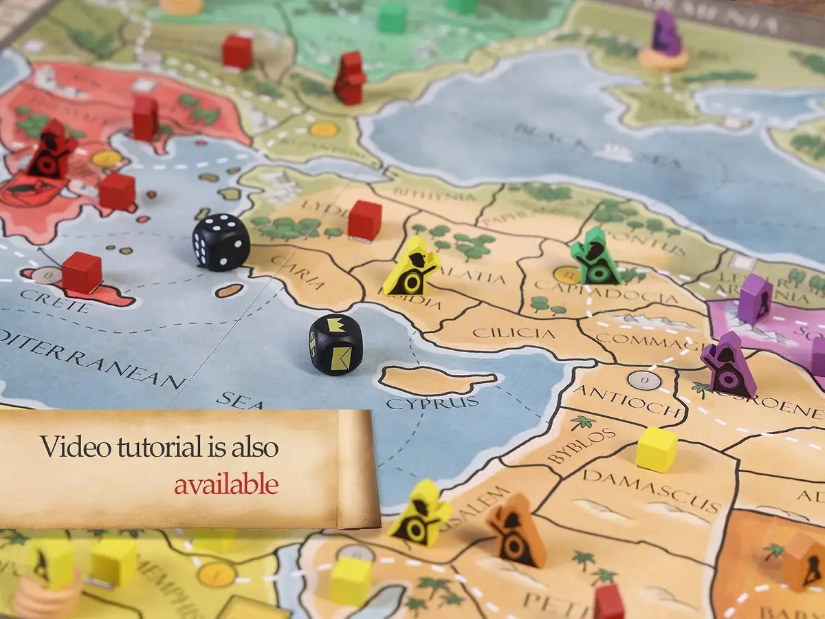 Close view of the ARQA board mid-game, with dice and wooden units in play