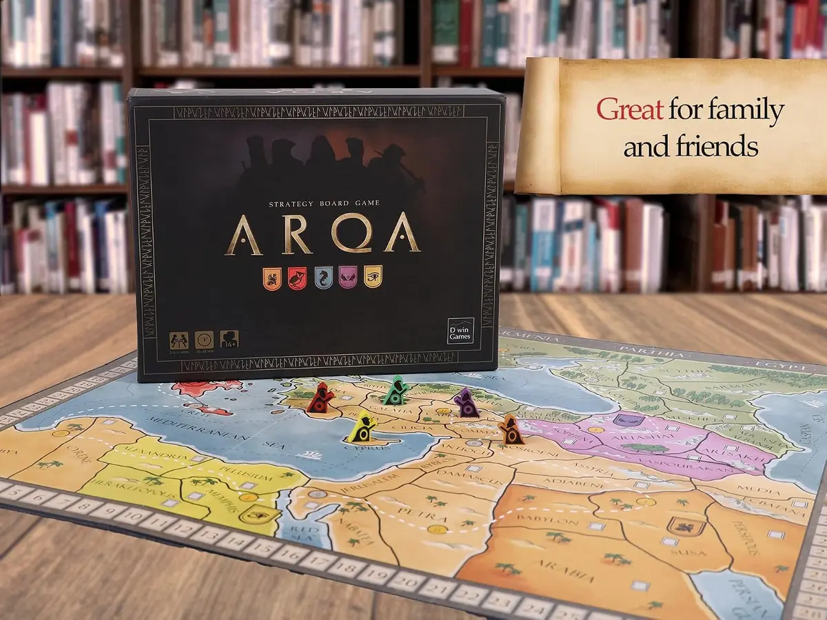 The ARQA box standing behind the unfolded game board