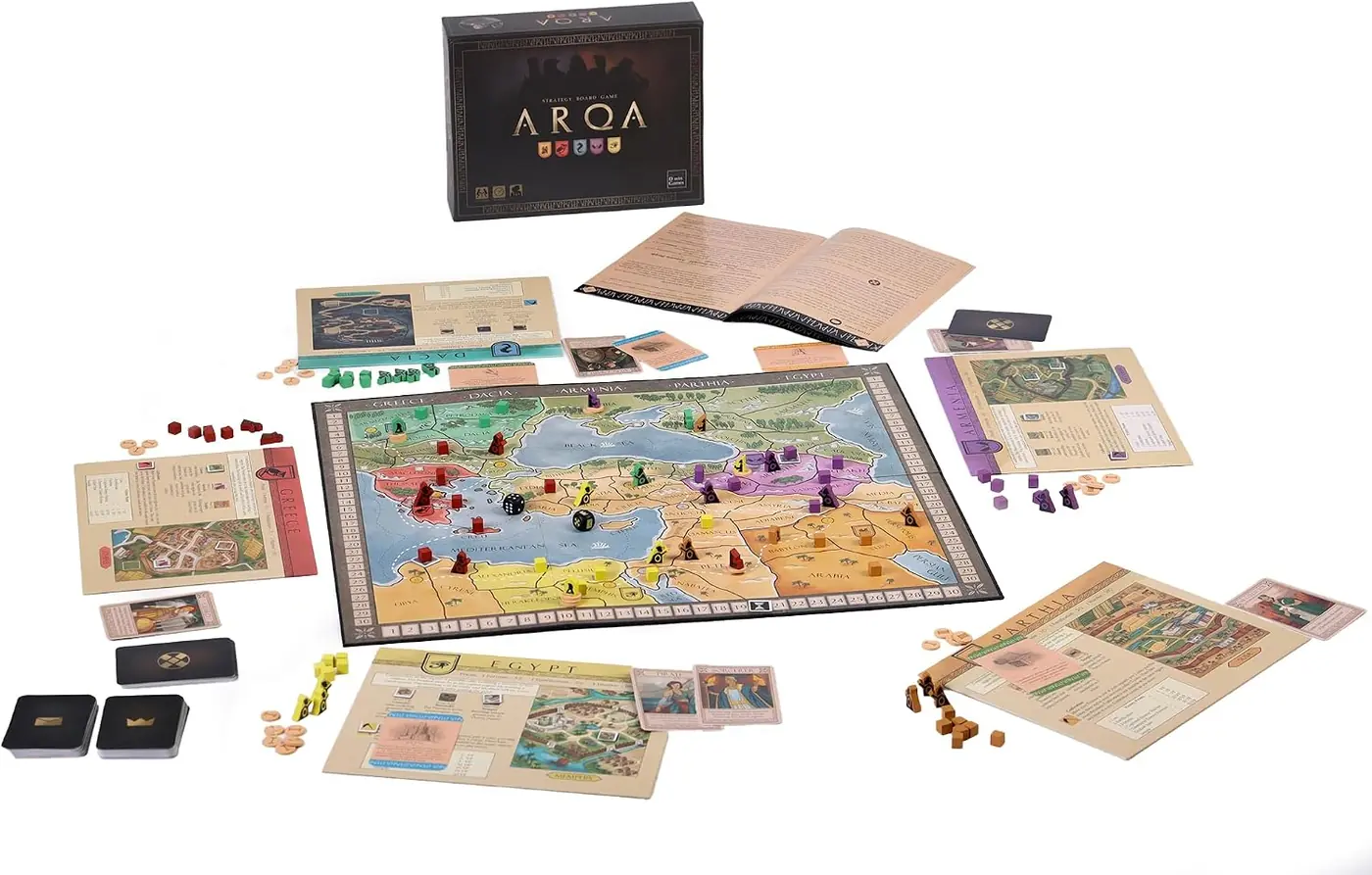 Everything in the ARQA box laid out: the world map board, five kingdom boards, cards, wooden units, coins and dice